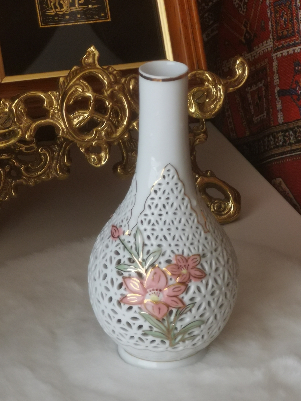 Chines Reticulated Porcelain Vase/Lamp Base with Gold Trim Pink Floral Motif
